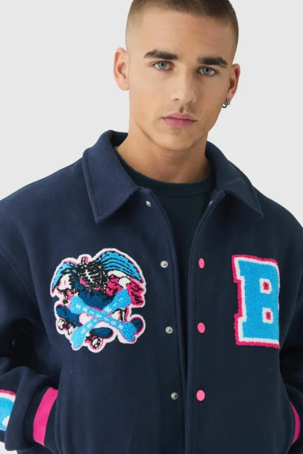 boohooMAN Boxy Badge Collared Varsity Jacket In | Man | Coats & Jackets