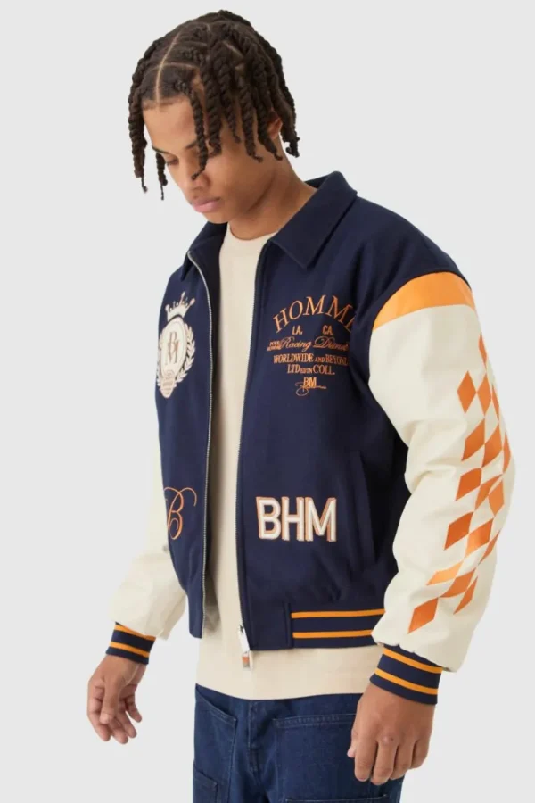 boohooMAN Boxy BHM Badge Varsity Bomber Jacket | Man | Coats & Jackets