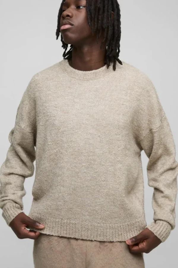 boohooMAN Boxy Boucle Knit Extended Neck Jumper | Knitwear | Going Out Knitwear