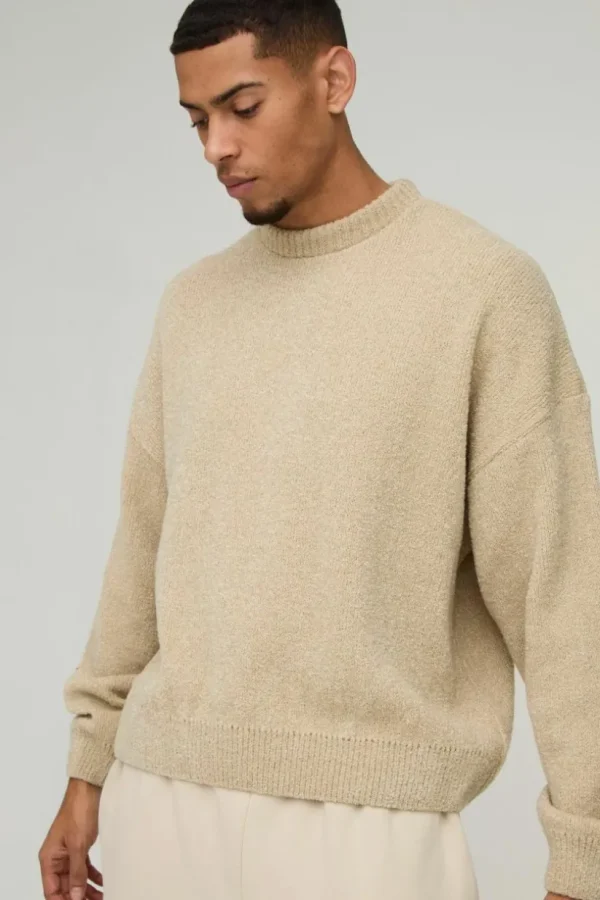 boohooMAN Boxy Boucle Knitted Sweatshirt | Knitwear | Going Out Knitwear