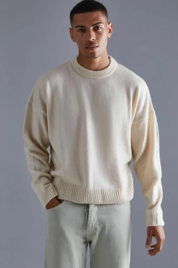 boohooMAN Boxy Brushed Extended Neck Knitted Jumper | Knitwear | Going Out Knitwear