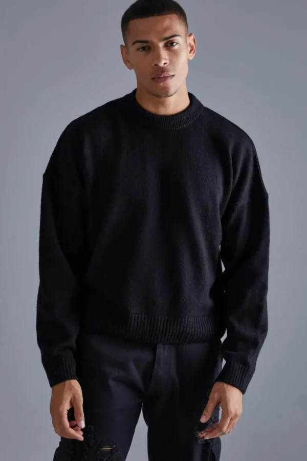 boohooMAN Boxy Brushed Extended Neck Knitted Jumper | Knitwear | Going Out Knitwear