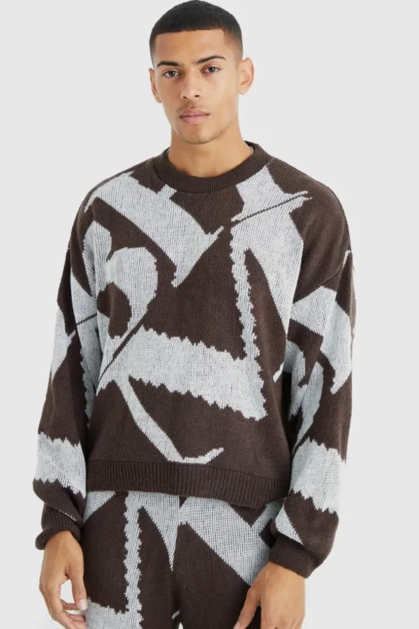 boohooMAN Boxy Brushed Jacquard Knitted Jumper | Knitwear | Going Out Knitwear