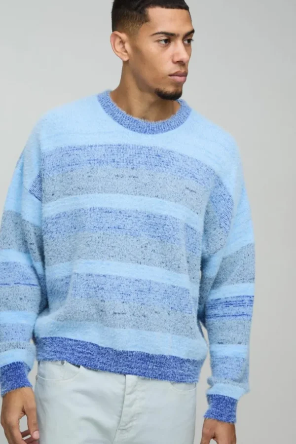 boohooMAN Boxy Brushed Stripe Knitted Jumper | Knitwear | Going Out Knitwear