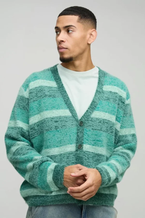 boohooMAN Boxy Brushed Stripe Knitted Cardigan | Knitwear | Going Out Knitwear