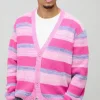 boohooMAN Boxy Brushed Stripe Knitted Cardigan | Knitwear | Going Out Knitwear