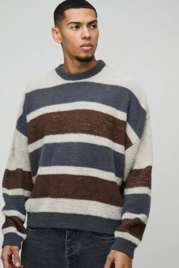 boohooMAN Boxy Brushed Stripe Knitted Jumper | Knitwear | Going Out Knitwear