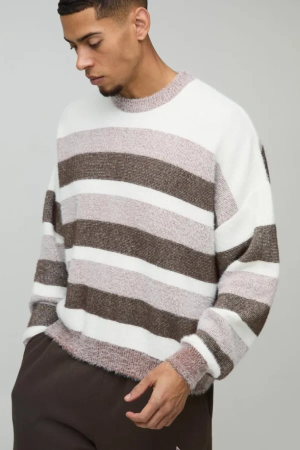 boohooMAN Boxy Brushed Stripe Knitted Jumper | Knitwear | Going Out Knitwear