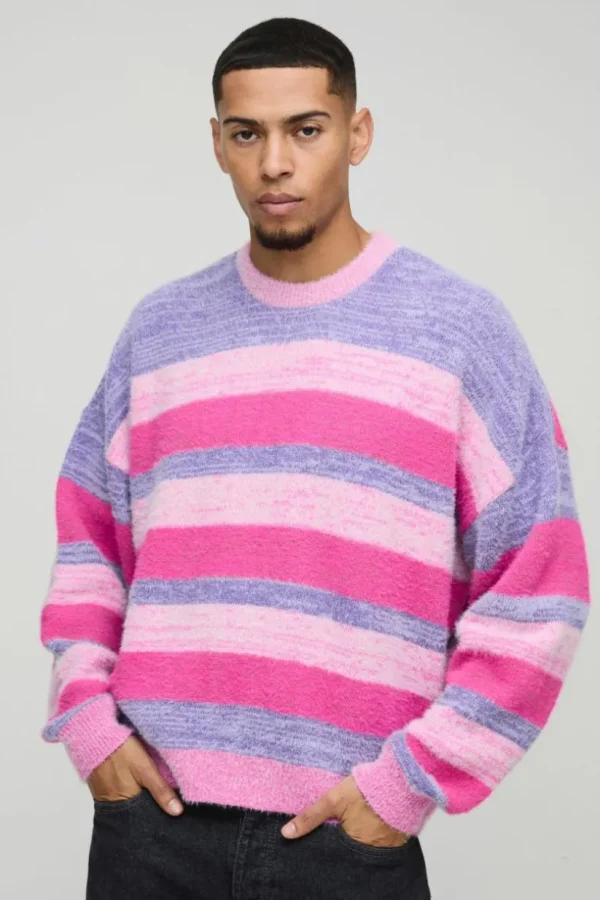 boohooMAN Boxy Brushed Stripe Knitted Jumper | Knitwear | Going Out Knitwear