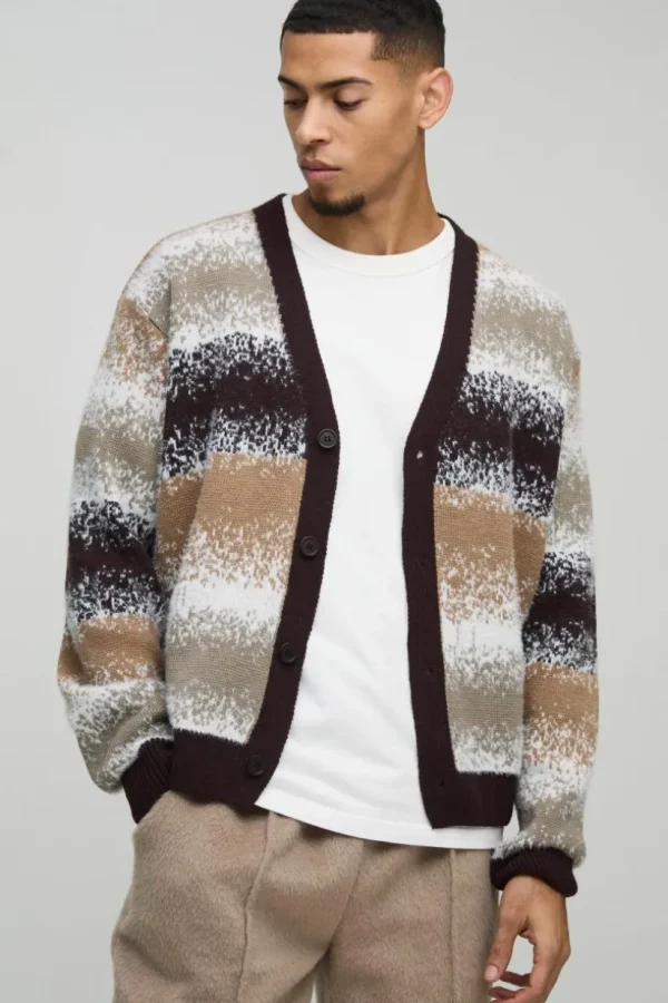 boohooMAN Boxy Brushed Stripe Knitted Cardigan | Knitwear | Going Out Knitwear