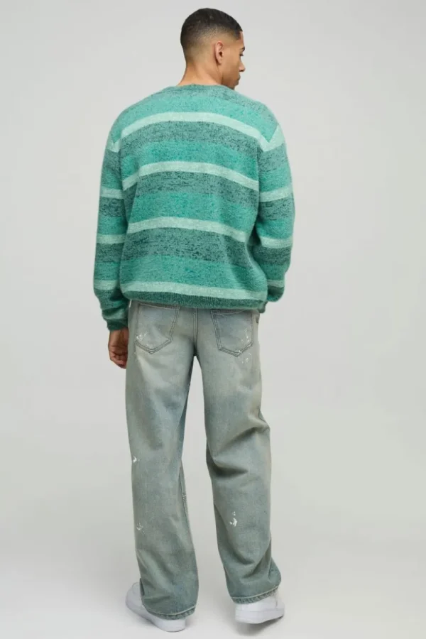 boohooMAN Boxy Brushed Stripe Knitted Cardigan | Knitwear | Going Out Knitwear