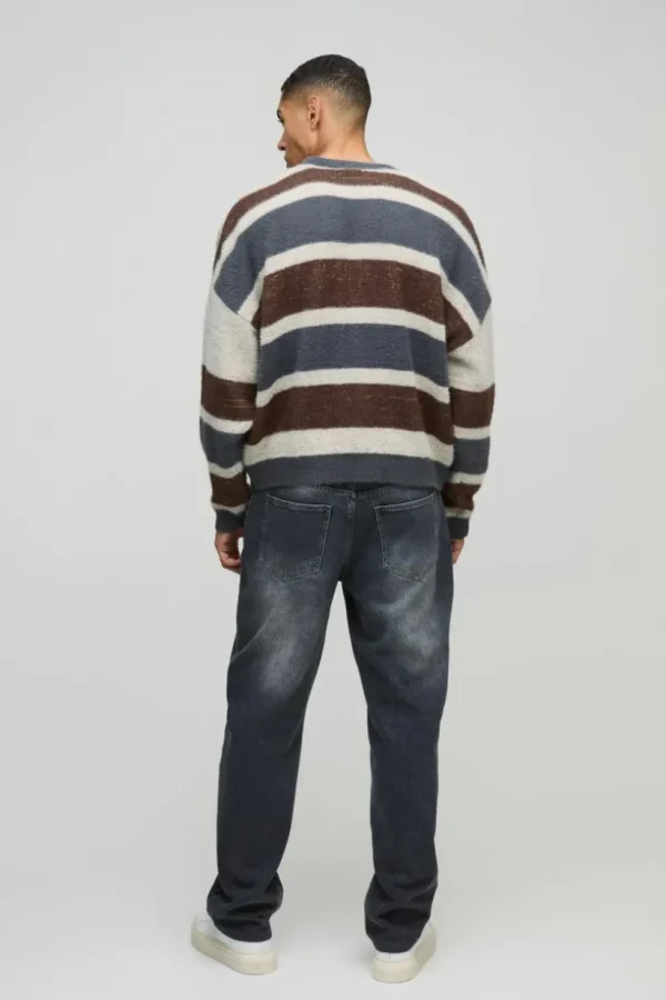 boohooMAN Boxy Brushed Stripe Knitted Jumper | Knitwear | Going Out Knitwear