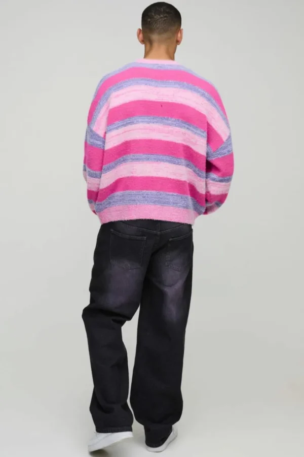 boohooMAN Boxy Brushed Stripe Knitted Jumper | Knitwear | Going Out Knitwear