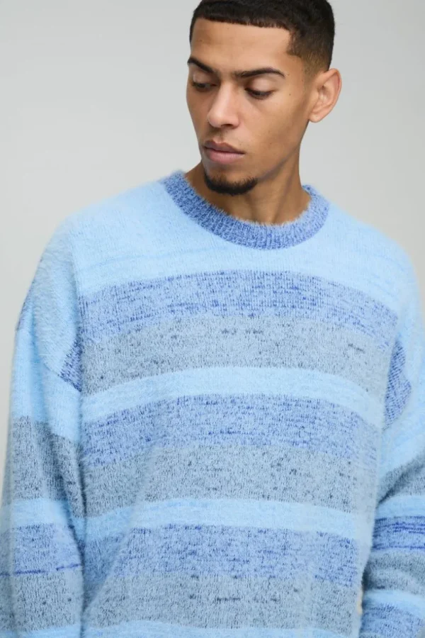 boohooMAN Boxy Brushed Stripe Knitted Jumper | Knitwear | Going Out Knitwear