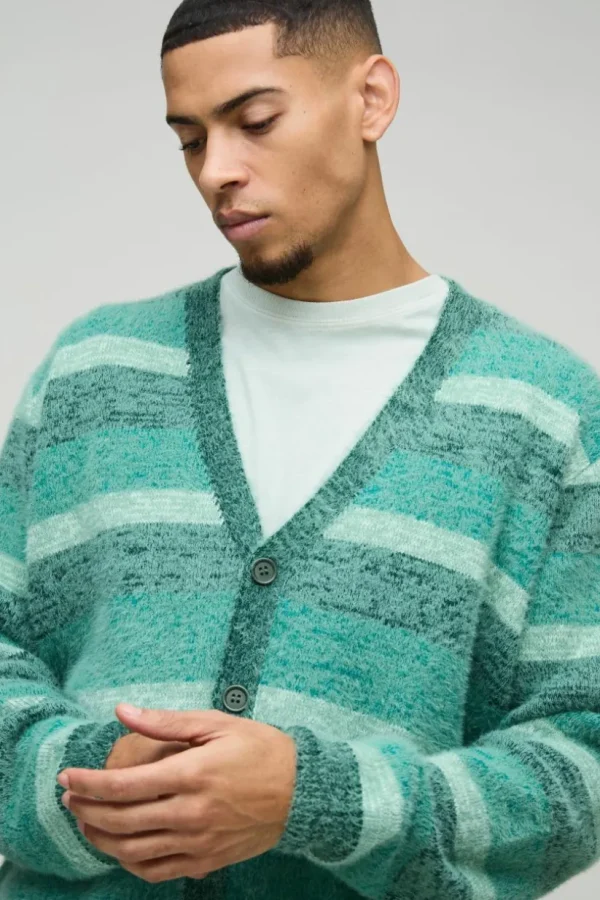 boohooMAN Boxy Brushed Stripe Knitted Cardigan | Knitwear | Going Out Knitwear