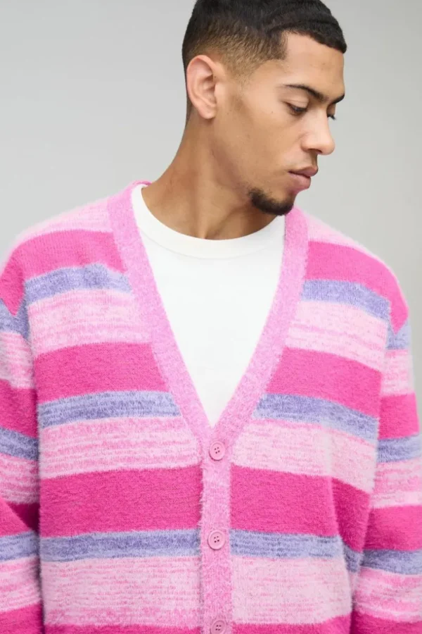 boohooMAN Boxy Brushed Stripe Knitted Cardigan | Knitwear | Going Out Knitwear