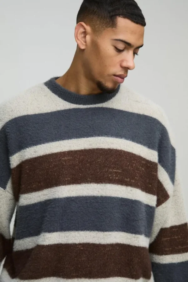 boohooMAN Boxy Brushed Stripe Knitted Jumper | Knitwear | Going Out Knitwear