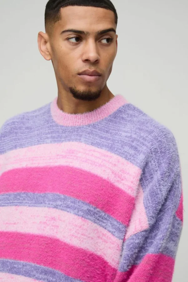 boohooMAN Boxy Brushed Stripe Knitted Jumper | Knitwear | Going Out Knitwear