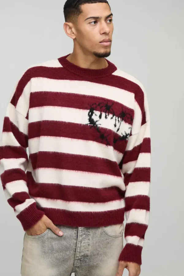 boohooMAN Boxy Brushed Stripe Print Knitted Jumper | Knitwear | Going Out Knitwear