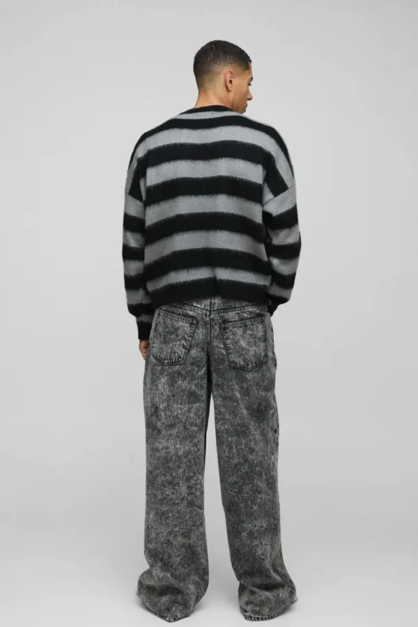 boohooMAN Boxy Brushed Stripe Print Knitted Jumper | Knitwear | Going Out Knitwear