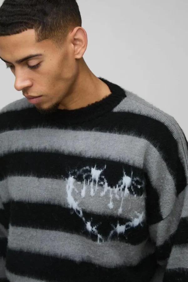 boohooMAN Boxy Brushed Stripe Print Knitted Jumper | Knitwear | Going Out Knitwear