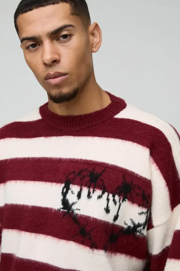 boohooMAN Boxy Brushed Stripe Print Knitted Jumper | Knitwear | Going Out Knitwear