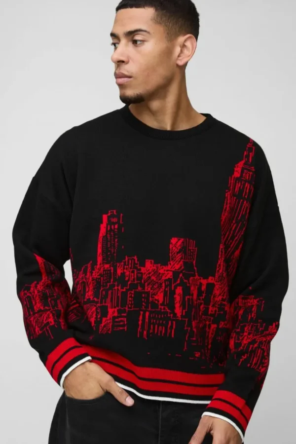 boohooMAN Boxy City Jacquard Graphic Brushed Knitted Jumper | Knitwear | Going Out Knitwear