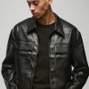 boohooMAN Boxy Collared Pu Harrington With Raw Edge Detail In | Going Out | Going Out Jackets