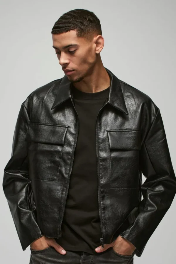 boohooMAN Boxy Collared Pu Harrington With Raw Edge Detail In | Going Out | Going Out Jackets