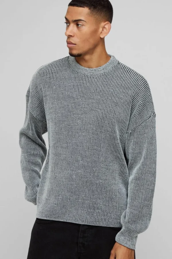 boohooMAN Boxy Crew Neck Dropped Shoulder Plated Ribbed Knit Jumper | Knitwear | Going Out Knitwear