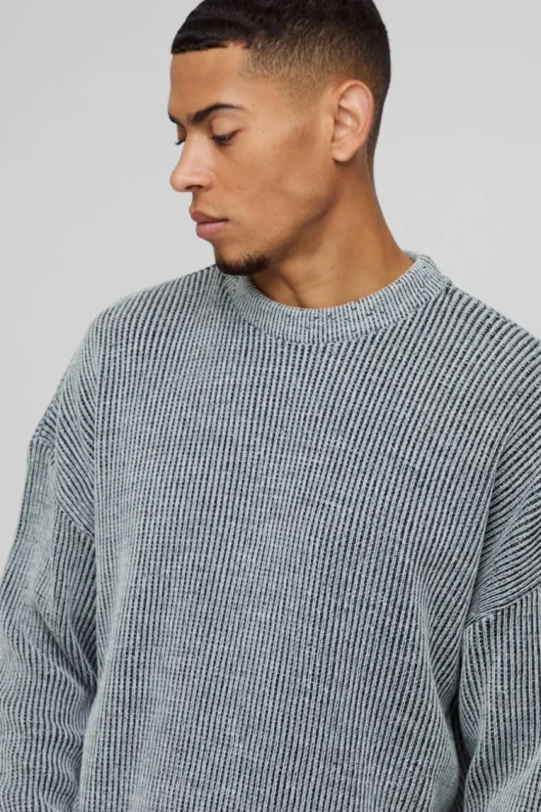 boohooMAN Boxy Crew Neck Dropped Shoulder Plated Ribbed Knit Jumper | Knitwear | Going Out Knitwear