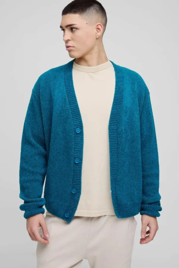 boohooMAN Boxy Cross Graphic Brushed Knitted Cardigan | Knitwear | Going Out Knitwear