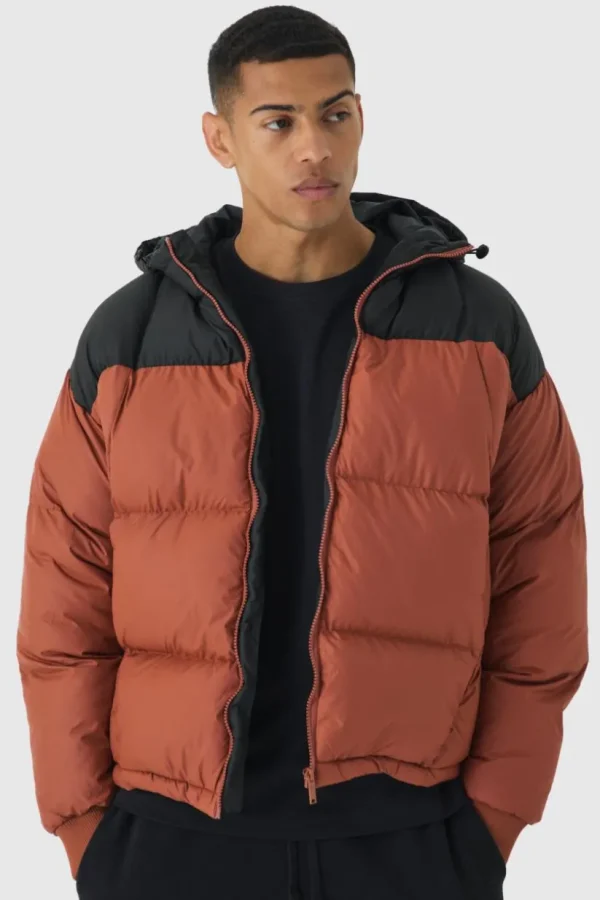 boohooMAN Boxy Curved Quilted Colour Block Hooded Puffer In | Man | Coats & Jackets