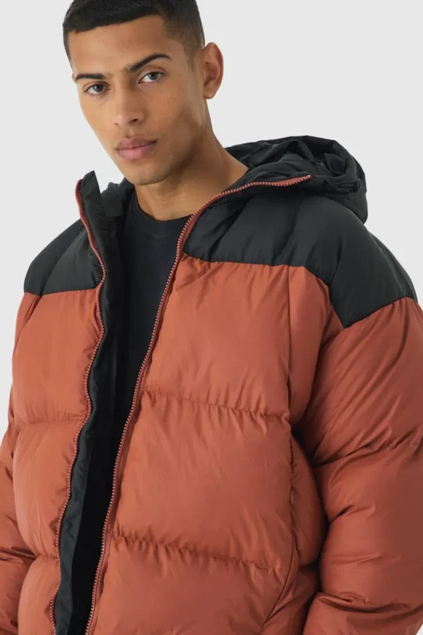 boohooMAN Boxy Curved Quilted Colour Block Hooded Puffer In | Man | Coats & Jackets