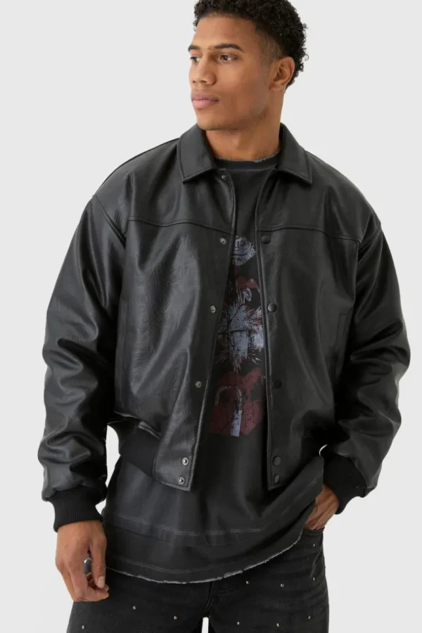 boohooMAN Boxy Debossed Collared Pu Bomber Jacket In | Going Out Jackets | Going Out