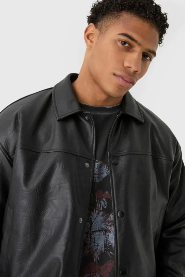 boohooMAN Boxy Debossed Collared Pu Bomber Jacket In | Going Out Jackets | Going Out