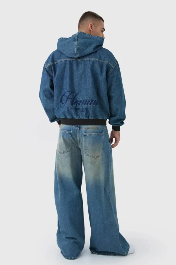 boohooMAN Boxy Denim Embroidered Hoodie | Man | Sets & Coords