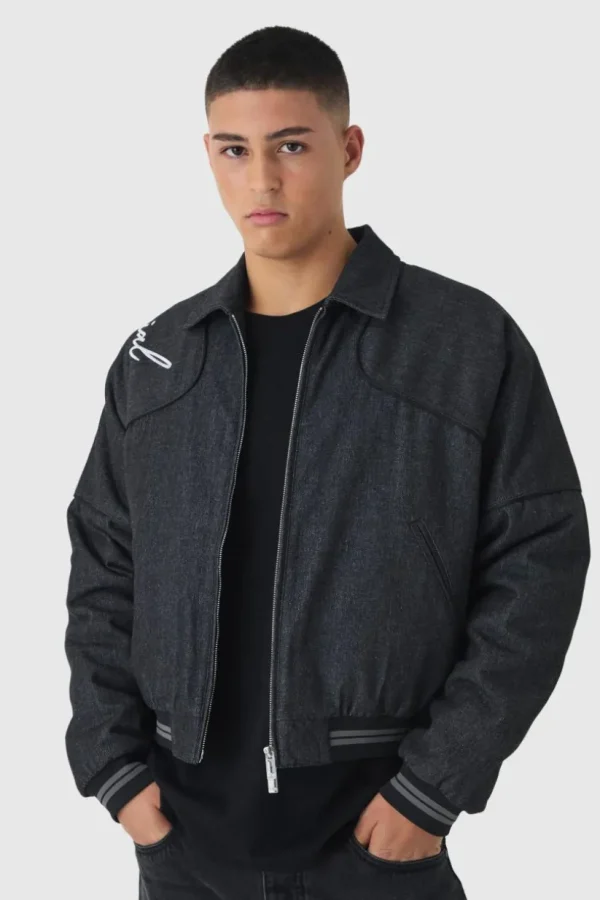 boohooMAN Boxy Denim Embroidered Varsity Bomber Jacket | Man | Coats & Jackets