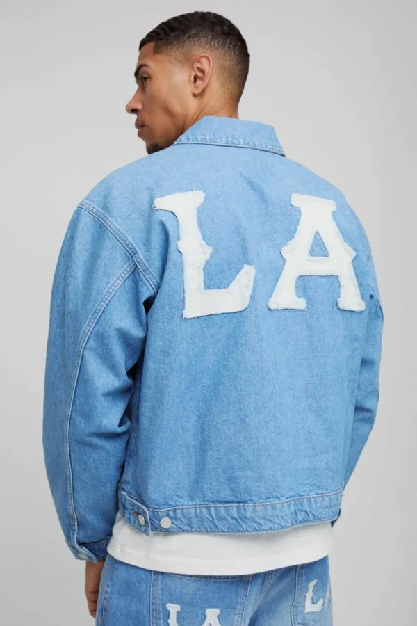 boohooMAN Boxy Denim LA Applique Denim Jacket | Coats & Jackets | Denim