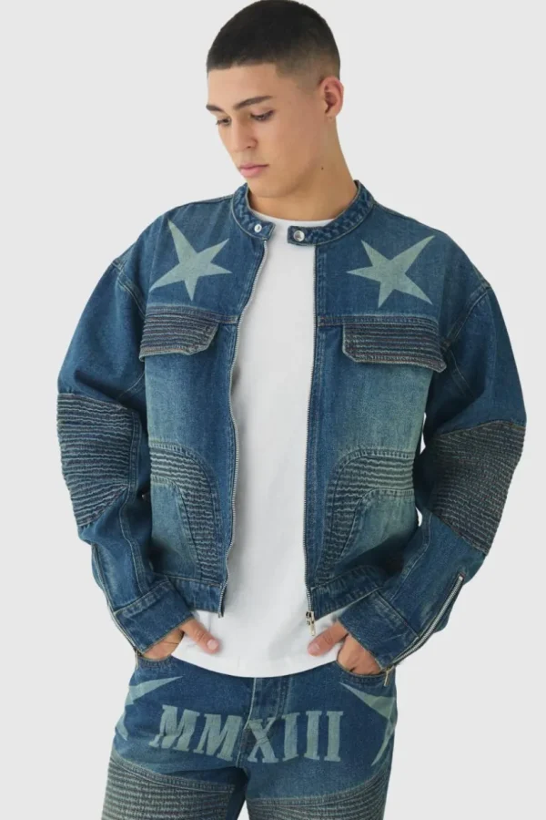 boohooMAN Boxy Denim Moto Star Laser Print Biker Jacket | Denim | Going Out Denim