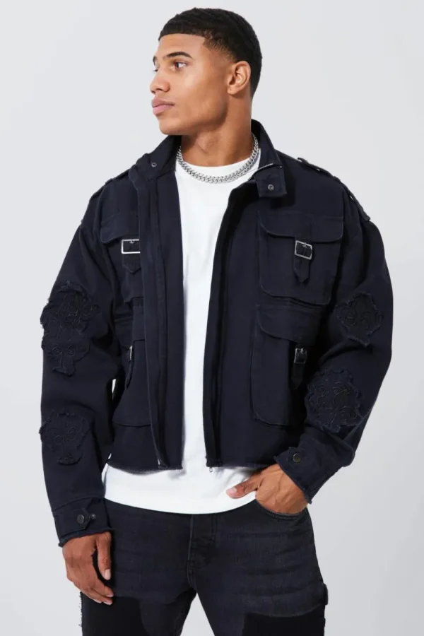 boohooMAN Boxy Distressed Cross Applique Twill Jacket | Man | Coats & Jackets