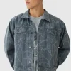 boohooMAN Boxy Fit Barbed Wire Laser Print Denim Jacket | Denim | Going Out Denim