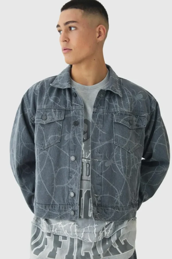 boohooMAN Boxy Fit Barbed Wire Laser Print Denim Jacket | Denim | Going Out Denim