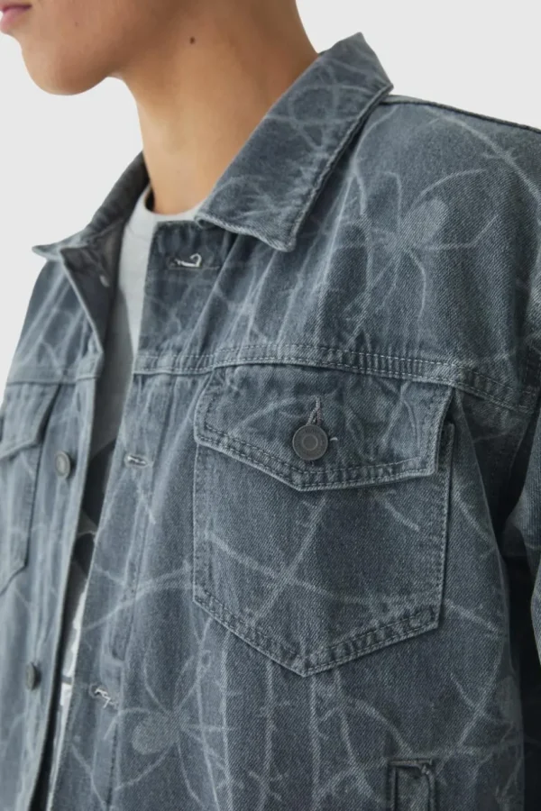 boohooMAN Boxy Fit Barbed Wire Laser Print Denim Jacket | Denim | Going Out Denim