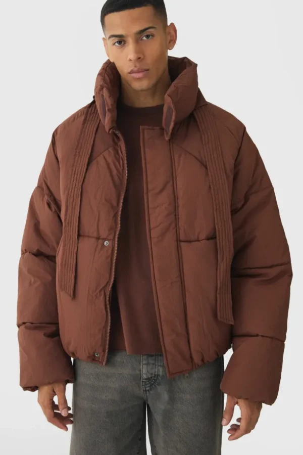 boohooMAN Boxy Fit Drawcord Quilted Funnel Neck Puffer Coat In | Man | Coats & Jackets