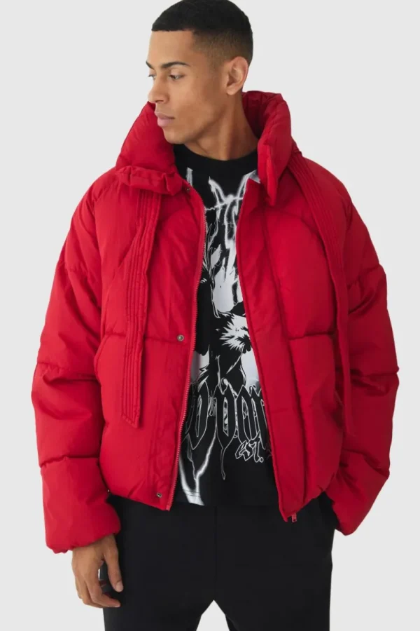 boohooMAN Boxy Fit Drawcord Quilted Funnel Neck Puffer Coat In | Man | Coats & Jackets