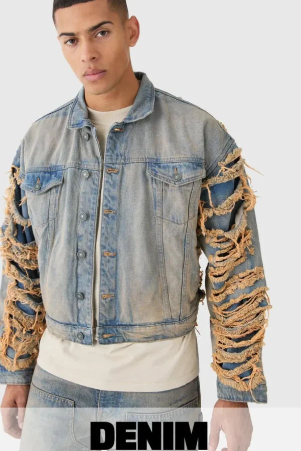 boohooMAN Boxy Fit Extreme Ripped Denim Jacket | Denim | Going Out Denim