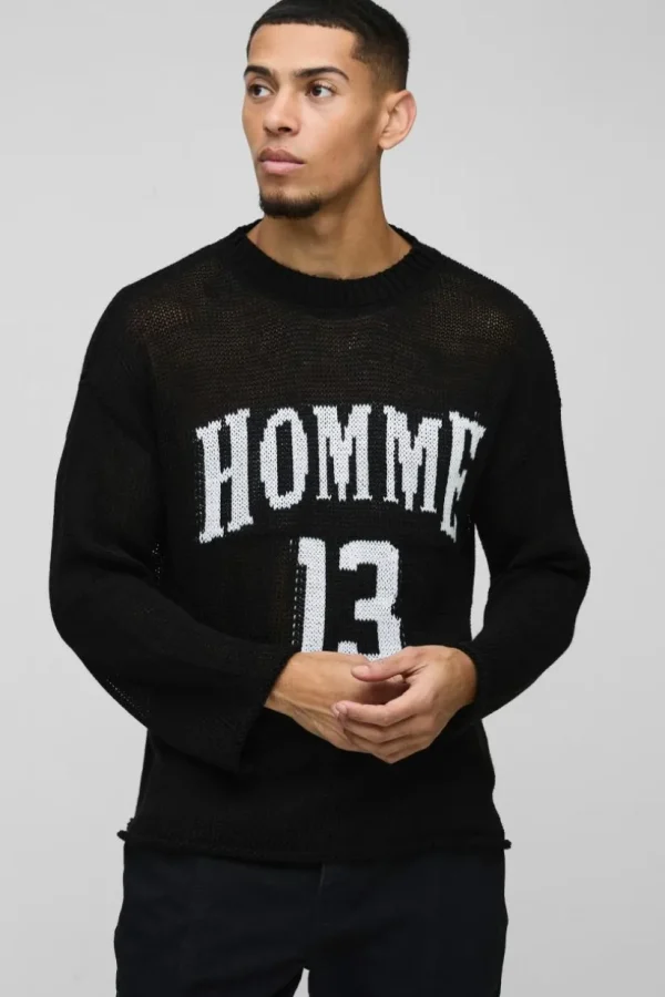 boohooMAN Boxy Fit Homme Moto Open Stitch Knit Jumper | Knitwear | Going Out Knitwear