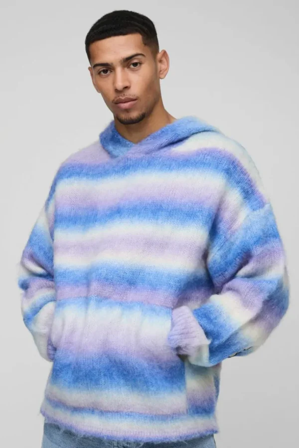 boohooMAN Boxy Fit Ombre Stripe Brushed Knit Cross Hoodie | Knitwear | Going Out Knitwear