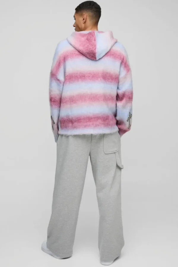 boohooMAN Boxy Fit Ombre Stripe Brushed Knit Cross Hoodie | Knitwear | Going Out Knitwear